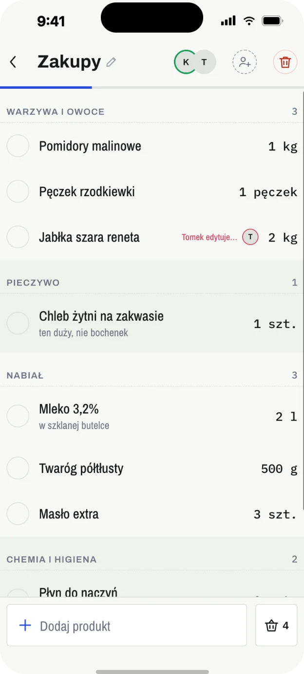 Produkty na liście zakupów w Slipnote