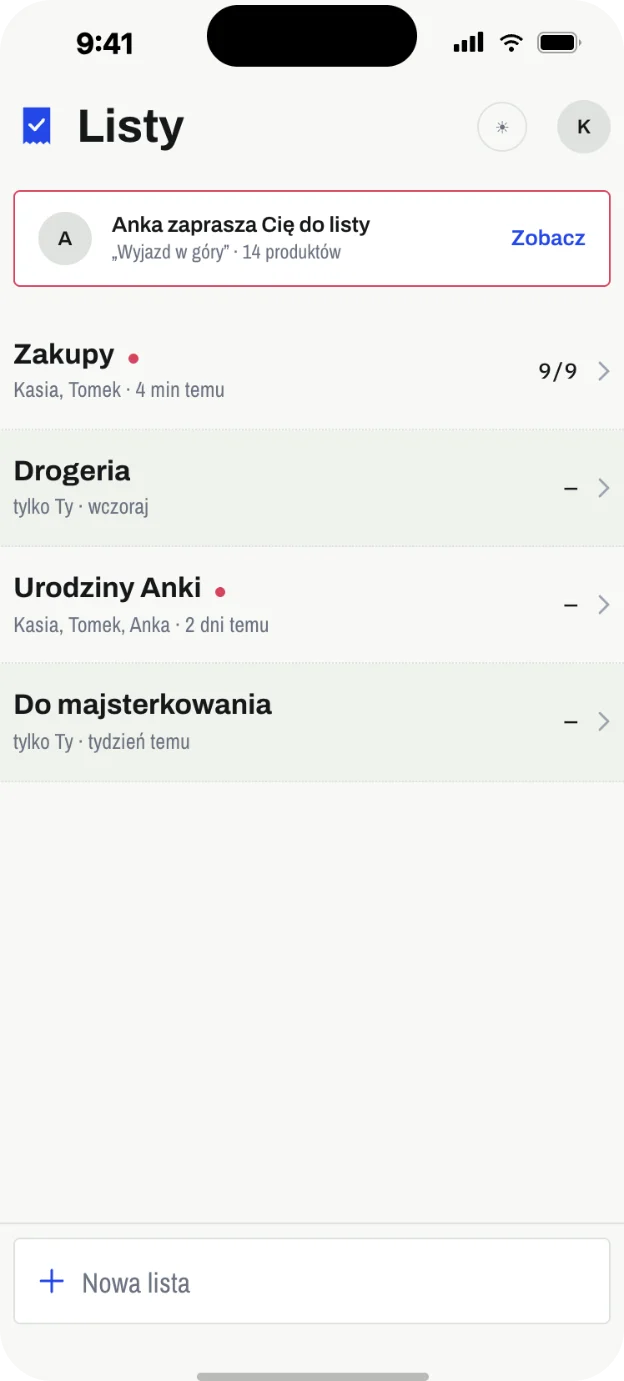 Ekran list zakupowych w Slipnote